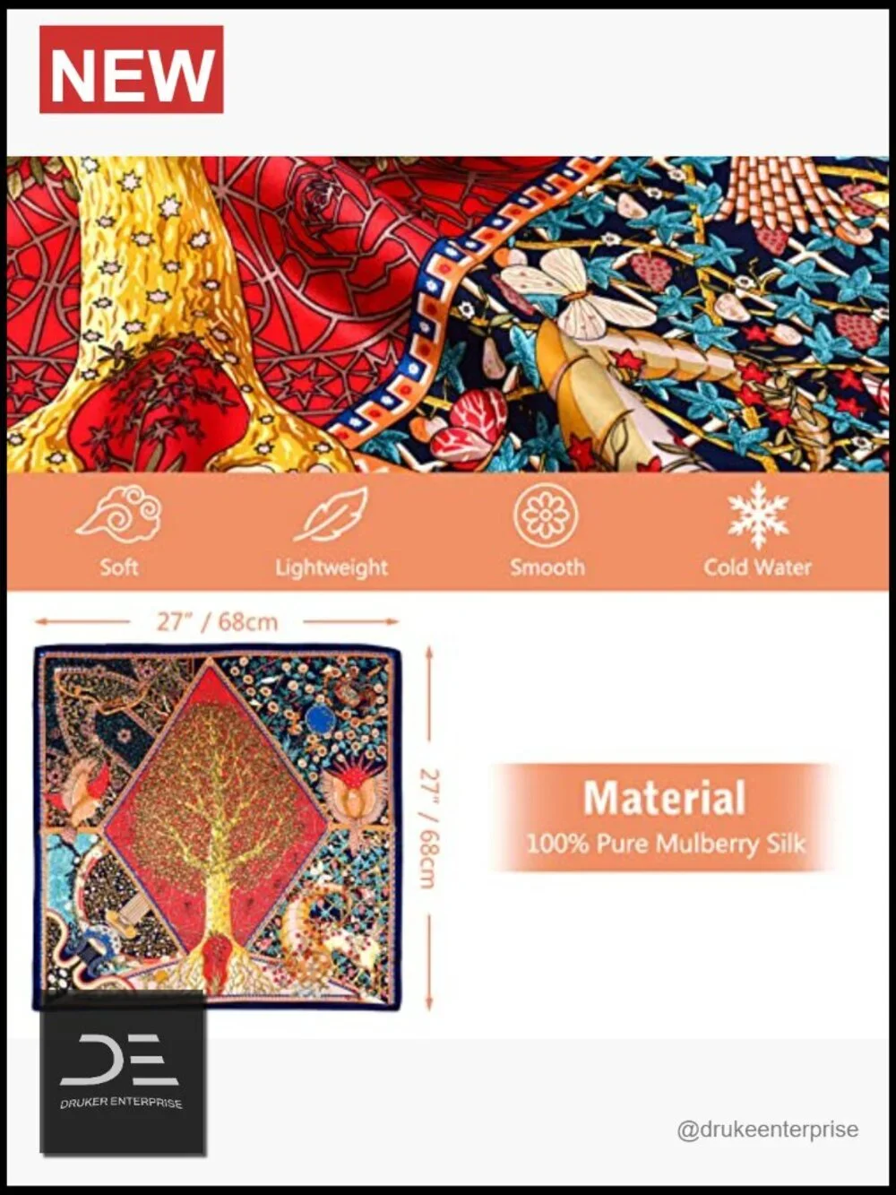 100% Mulberry Silk Square Head Scarf - 27